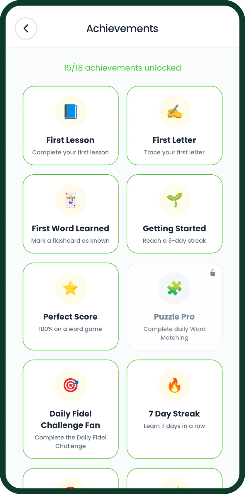 Unlocked badges like First Lesson and 7 Day Streak