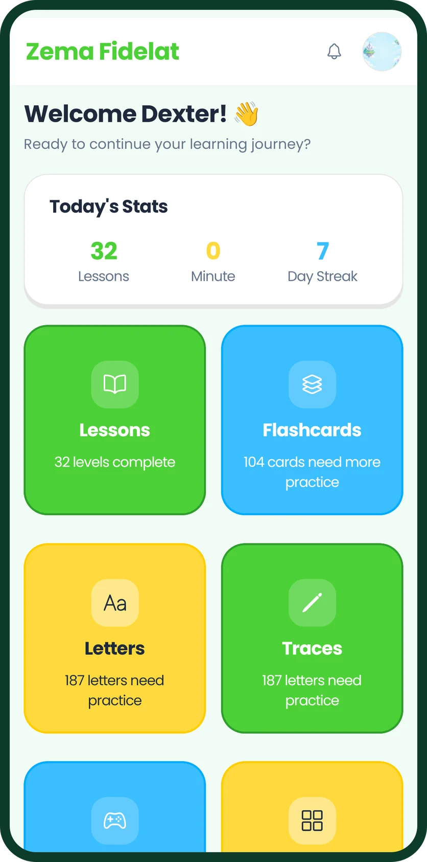 The home dashboard: today's stats, and cards for lessons, flashcards, letters and tracing